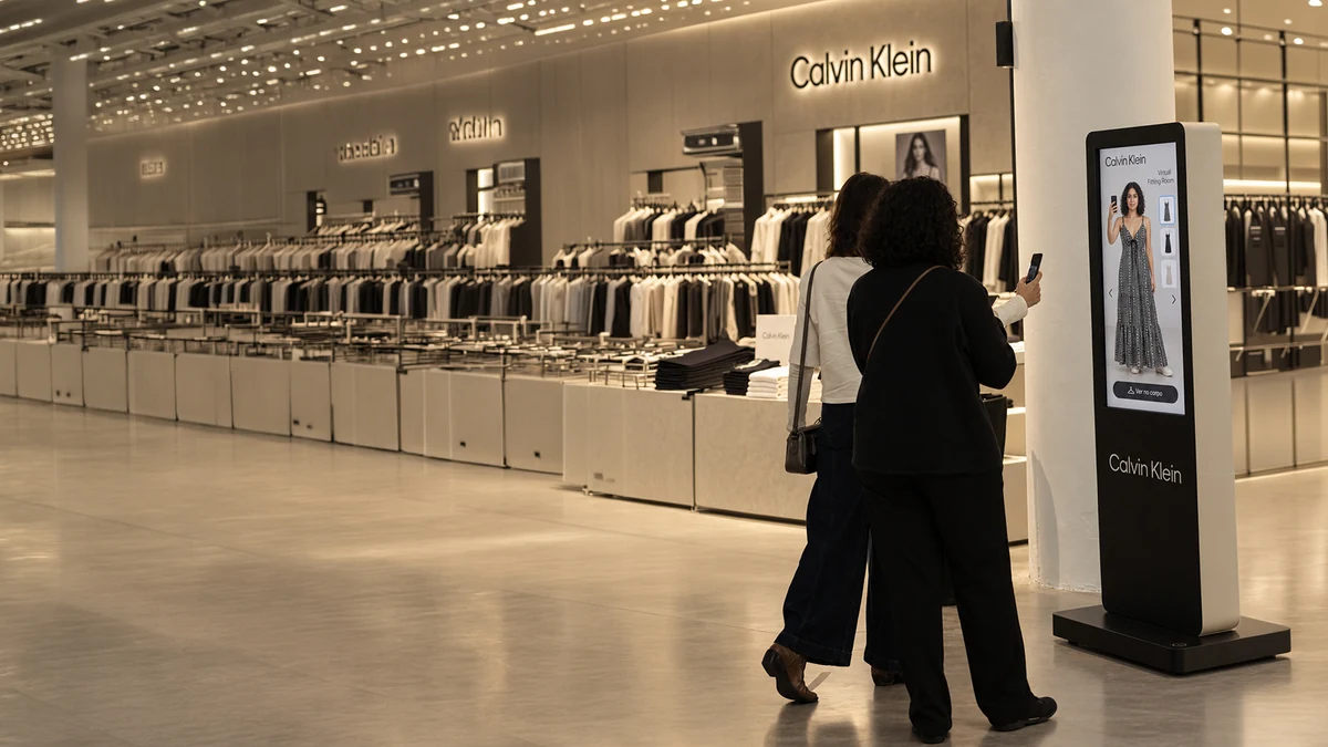 Visão da loja Calvin Klein com pessoas usando o provador virtual