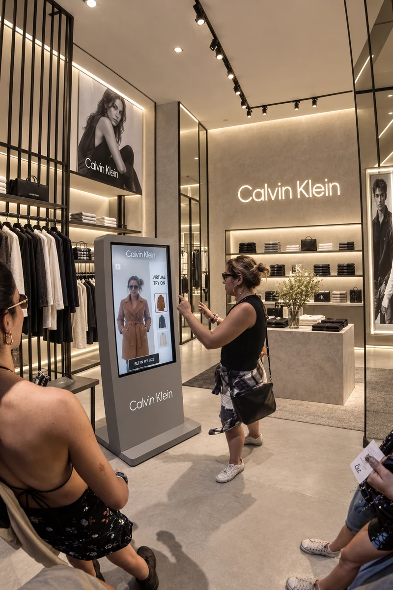 Pessoa escolhendo uma peça na tela do totem Calvin Klein